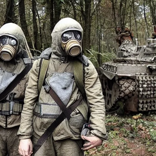 Image similar to russian soldiers in gas masks found the last surviving ukrainian after a nuclear war