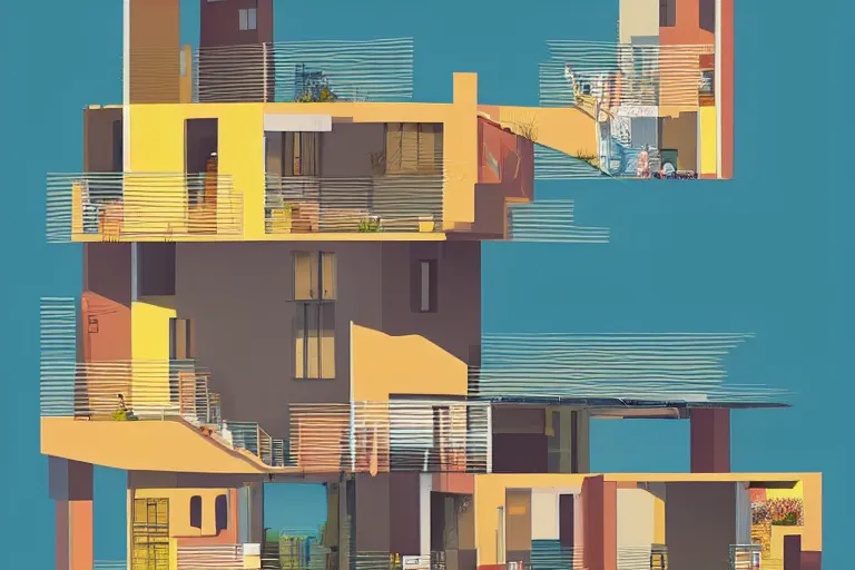 Image similar to a beautiful flat 2 dimensional illustration of a cross section of a house, view from the side, a storybook illustration by muti and james gilleard, colorful, minimalism, featured on dribble, unique architecture, behance hd, dynamic composition