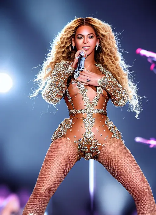 Image similar to beyonce giving a concert, ( eos 5 ds r, iso 1 0 0, f / 8, 1 / 1 2 5, 8 4 mm, postprocessed, crisp face, facial features )