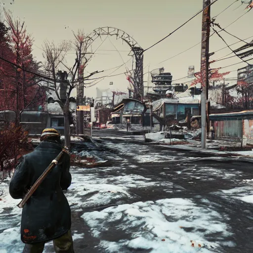 Image similar to Sapporo in the winter in ruins post-nuclear war in Fallout 4, in game screenshot