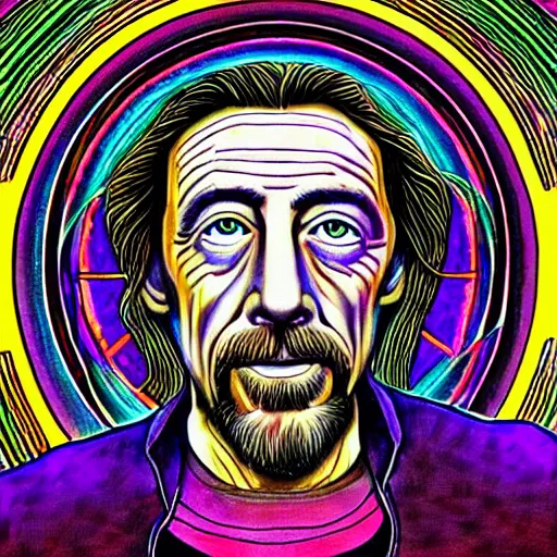 Image similar to alan watts in the style of alex grey