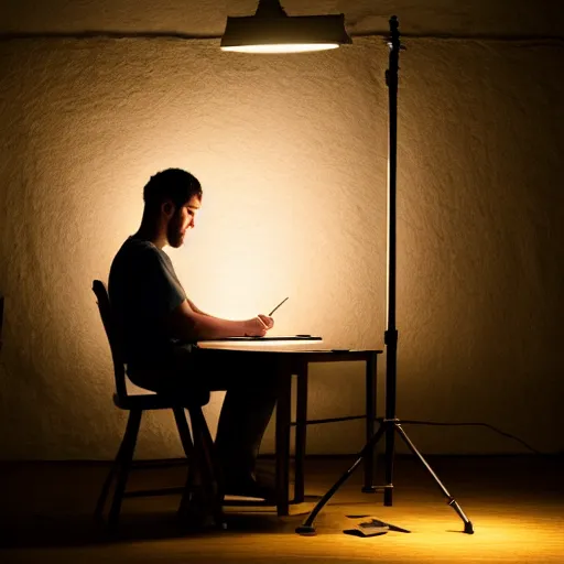 Image similar to a photograph of a man writing the novel of his life story, award - winning photograph, studio lighting, dramatic colors, striking lighting, perfect composition