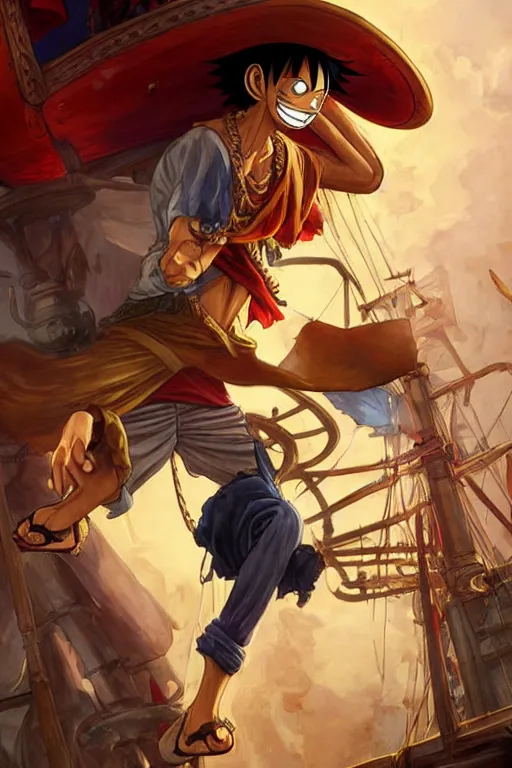 Image similar to Luffy from One Piece on a pirate ship, highly detailed, digital painting, artstation, concept art, sharp focus, illustration, art by artgerm and greg rutkowski and alphonse mucha