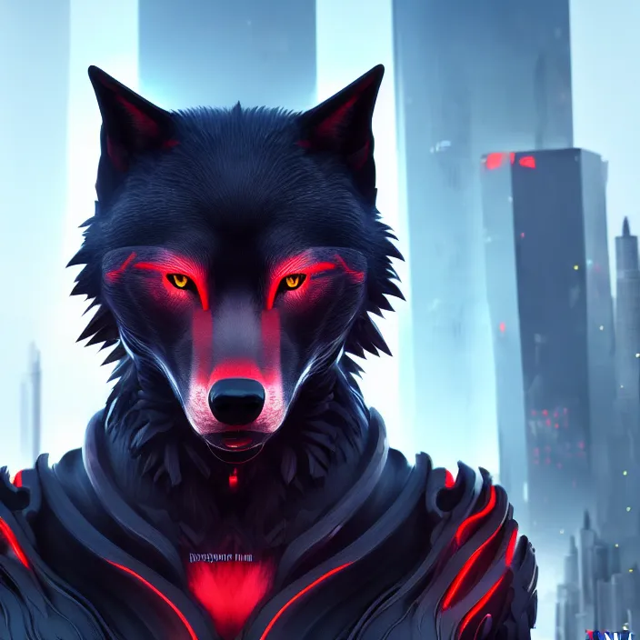 Prompt: portrait of male anthropomorphic black humanoid wolf, red hair, blue eyes, in a futuristic city, hyper detailed, digital art, trending on artstation, cinematic lighting, studio quality, smooth render, unreal engine 5 rendered, octane rendered, 1 : 1 aspect ratio