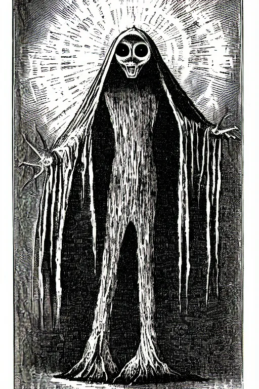 Image similar to the flatwoods monster, as a demon from the dictionarre infernal, pen - and - ink illustration, etching by louis le breton, 1 8 6 9, 1 2 0 0 dpi scan, ultrasharp detail, hq scan, intricate details, stylized border