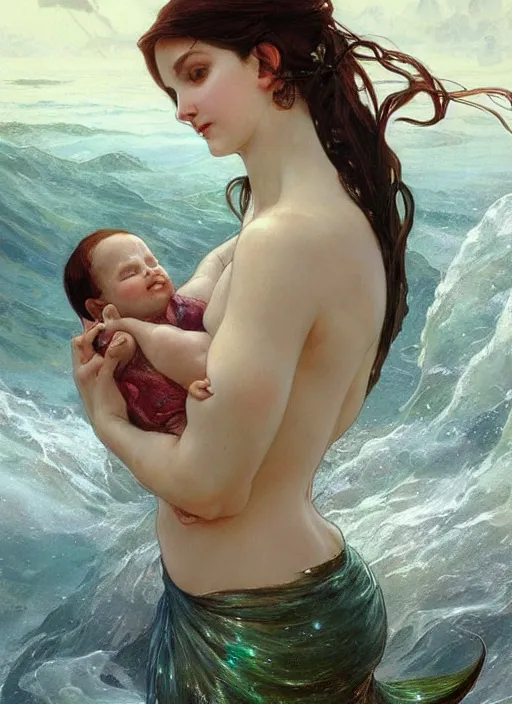 Prompt: a mermaid mother cradling her newborn baby amid sparkling water, beautiful painting by artgerm and greg rutkowski and alphonse mucha and thomas cole