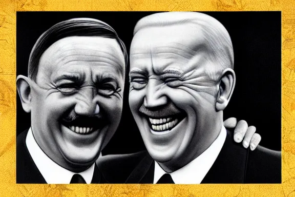 Image similar to “ very very intricate photorealistic photo of hitler and joe biden laughing together, detailed natural lighting, award - winning crisp details ”