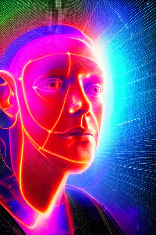 Image similar to portrait of the god of artificial intelligence as a hologram, in front of a rainbow of data, threads of light in the background, extremely high quality artwork, very detailed, obscured face, anthropomorphic silhouette, trending on artstation