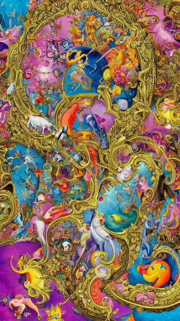 Image similar to an incredibly detailed masterpiece collaborative painting by bosch and lisa frank, ornate, detailed, high resolution, wow!, intricate