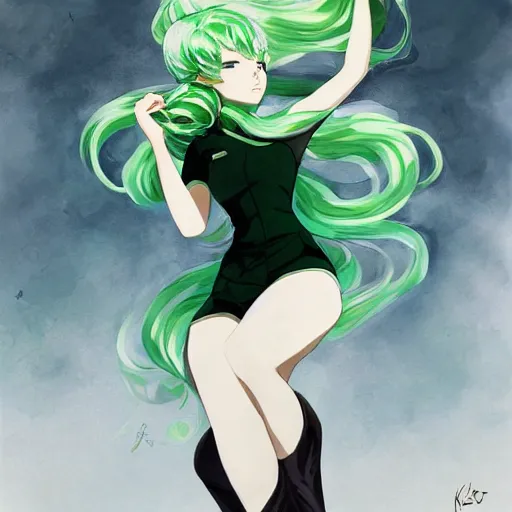 Image similar to painting of tatsumaki from one punch man, green wavy hair, black dress, cool color palette, refreshing, soft lighting, fine details, digital painting, pretty face, light and shadow effects, dynamic pose, by cushart krenz, by makoto shinkai
