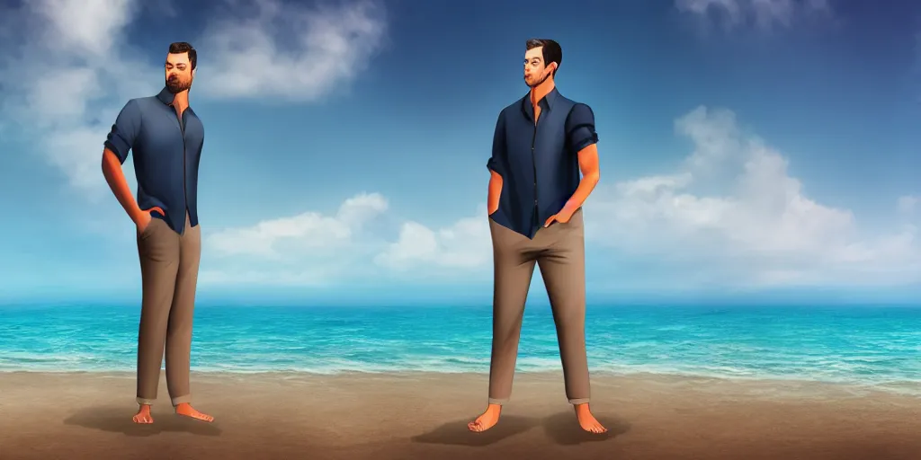 Image similar to a handsome guy is standing tall, in a beautiful shirt, with the beach, sea, sun, rays in the background? super detail, one character