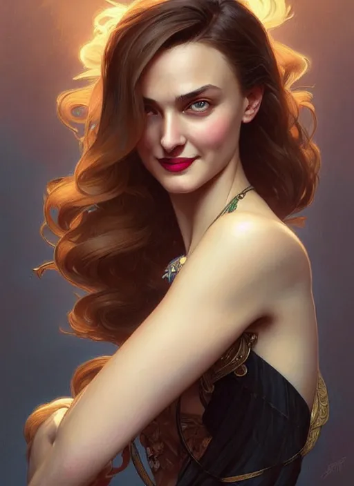 Prompt: “ daria strokous as femme fatale smiling and winking, intricate, elegant, highly detailed, digital painting, artstation, concept art, smooth, sharp focus uhd 8 k, art by artgerm and greg rutkowski and alphonse mucha ”