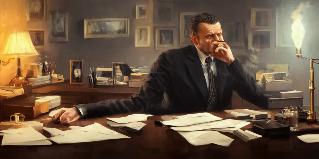 Image similar to beautiful oil matte portrait painting, mafia boss smoking at his 5 0 s new york office desk, wonderful masterpiece highly detailed, beautiful cinematic light deep focus, elegant, digital painting, smooth, sharp focus, golden ratio, dramatic illumination, ultra realistic, 8 k, art by jimmy law