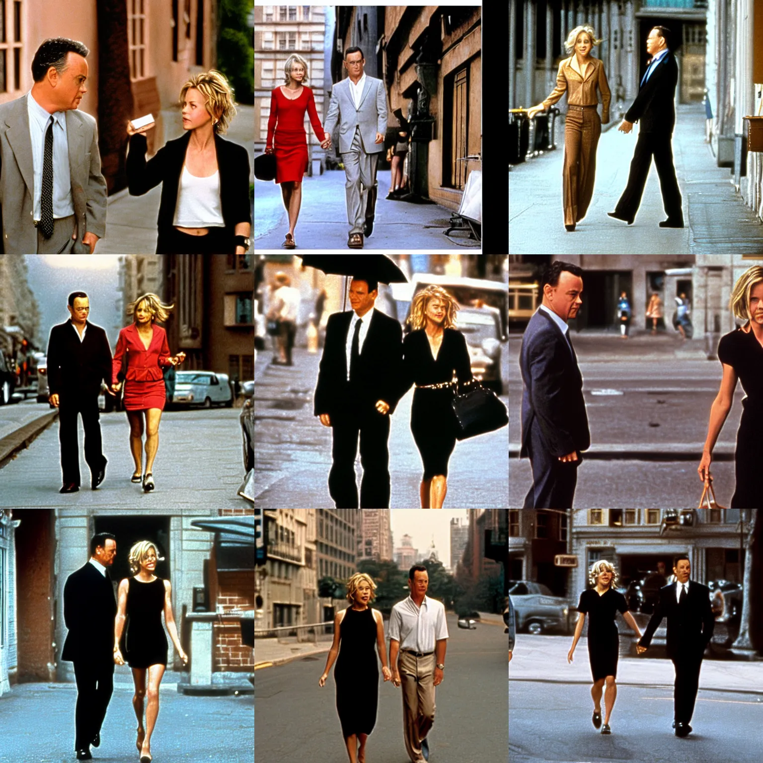 Prompt: A scene from You've got mail with Meg Ryan and Tom Hanks walking in the style of Helmut Newton