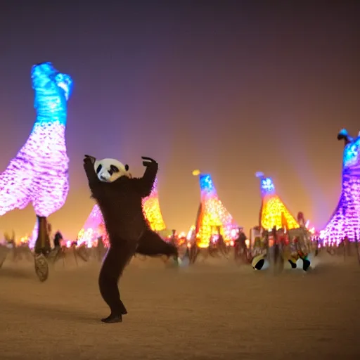 Image similar to a panda wearing led - lined clothing dancing at night on a busy playa at burning man