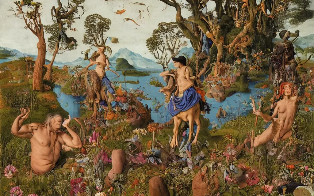 Prompt: a portrait photograph of a meditating shaman and a centaur monk riding a harpy and hunting at a river delta. surrounded by bulbous flowers and trees. mountain range under a blue filled with ships. by jan van eyck, max ernst, ernst haeckel, ernst fuchs and artgerm, cgsociety, fashion editorial, 8 k