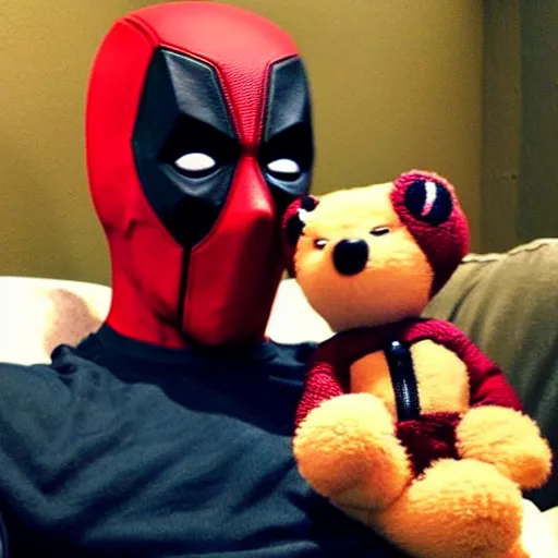 Image similar to Deadpool with Ted bear from Ted movie, chilling on the couch, drinking beers, 🍻, cheers!