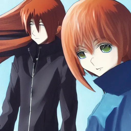 Image similar to orange - haired anime boy, 1 7 - year - old anime boy with wild spiky hair, standing next to 1 7 - year - old pale - skinned persian girl with black long bob cut, long bangs, black gothic jacket, ultra - realistic, sharp details, subsurface scattering, blue sunshine, intricate details, hd anime, 2 0 1 9 anime