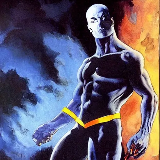 Image similar to painting by Frank Frazetta of Christian Bale!!!! as Dr. Manhattan in Watchmen