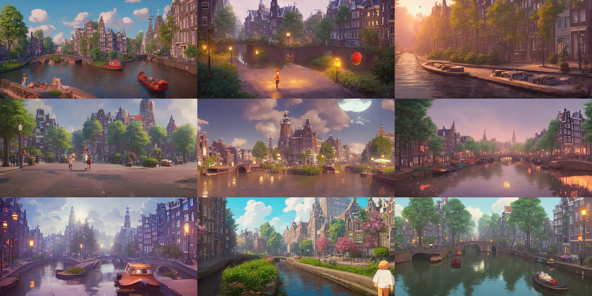 Prompt: a wholesome animation key shot of amsterdam, studio ghibli, pixar and disney animation, sharp, rendered in unreal engine 5, anime key art by greg rutkowski, bloom, dramatic lighting