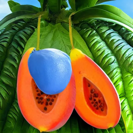 Image similar to the fruit papaya as papa smurf