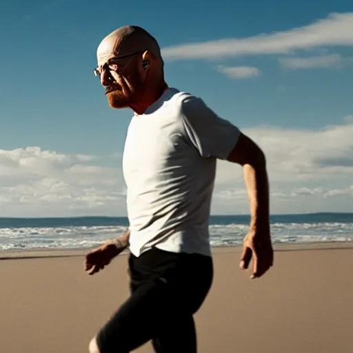 Image similar to Walter White running on the beach, artistic, 8k, cinematic