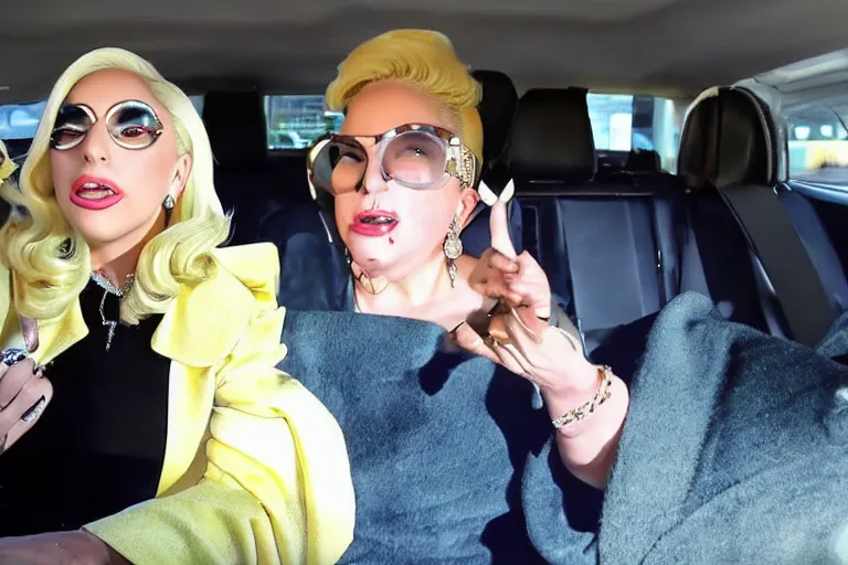 Image similar to lady gaga and judy in garland carpool karaoke, highly realistic, highly detailed, high resolution, 8 k 4 k,