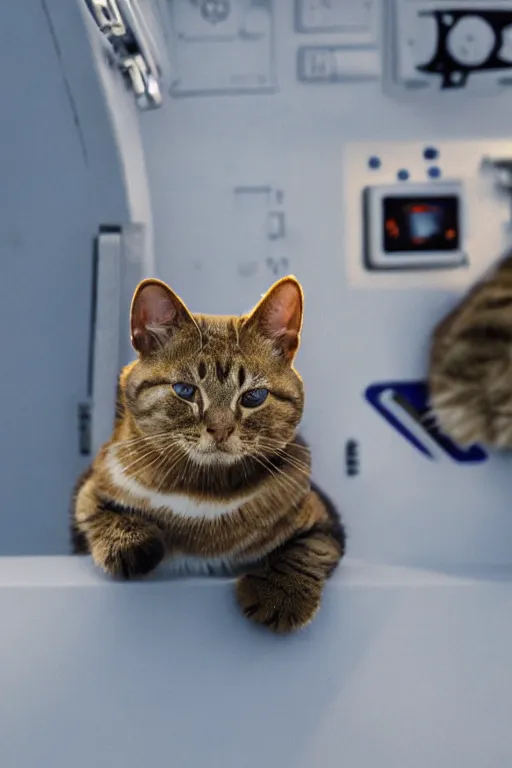 Image similar to star wars cats, cats put in different uniforms and situations, while aboard on a 1 2 mile capital ship. zoomed in shots, photorealistic, sharp focus, vintage cold colour temperture, f 0. 4, face centred, golden hour