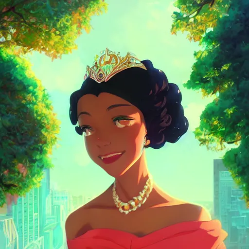 Image similar to portrait of princess tiana, 1920's new orleans background, rich vivid colors, ambient lighting, dynamic lighting, 4k, official media, anime key visual, makoto shinkai, ilya kuvshinov, lois van baarle, rossdraws, detailed, trending on artstation