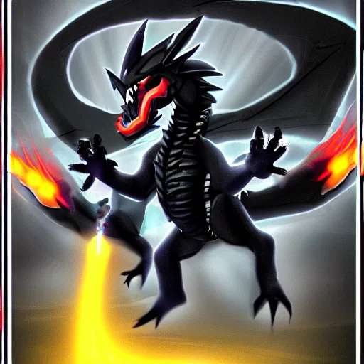 Prompt: a 3 headed black dragon pokemon shooting electricity out of its mouth