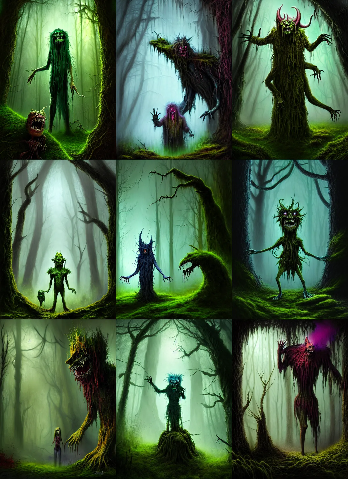 Prompt: beautiful digital fantasy illustration of a creepymania creature standing in front of a mirror, concept art by Alex Horley-Orlandelli, misting, moss, fantasy forest environment, vivid, intense, scary, dark, fantasy, renderman render, 3D, photorealistic, concept art, complementary color, vibrancy color, high detail texture, unreal engine, 8k, Photographic quality, ultra hyper realistic quality, 8k definiton, hyper-realistic, cinematic, cinematic lighting