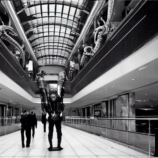 Image similar to aliens in a mall by H. R. Giger, cinematic drama shot, ultra quality