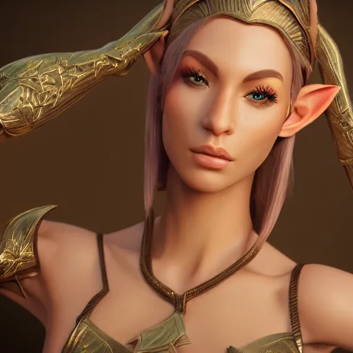 Image similar to portrait of a beautiful female high elf with tan skin, 3 d octane render trending on art station 4 k