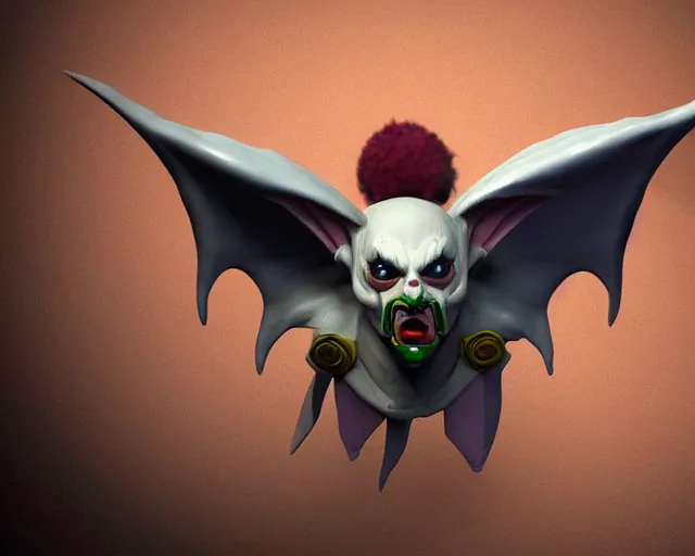 Prompt: 3d sculpt of a clown faced bat with huge bat wings, skull, artstation, digital illustration, league of legends, dark souls