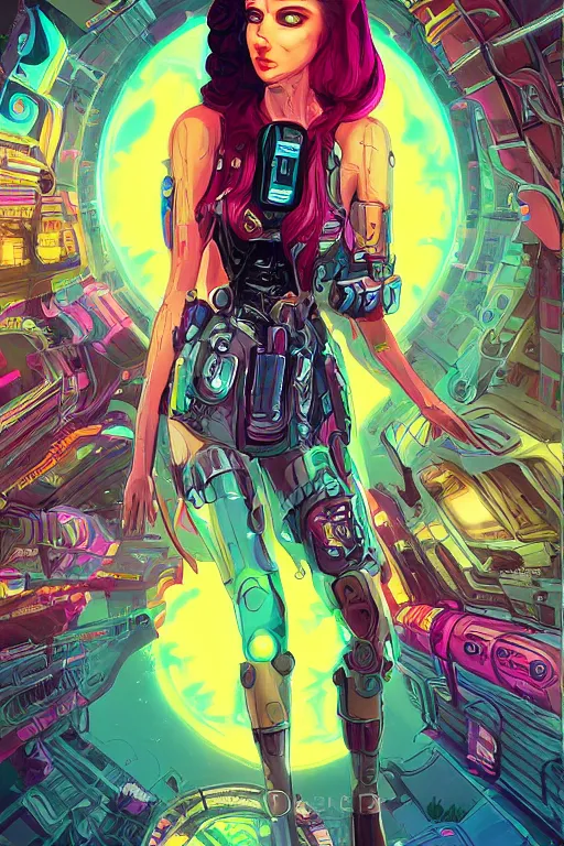 Prompt: attractive female android in feminine pose on a hyper-maximalist overdetailed retrofuturist scifi bookcover illustration from '70s. Inspired by shadowrun darkscifi utopia.. Biopunk, solarpunk style. Daytime