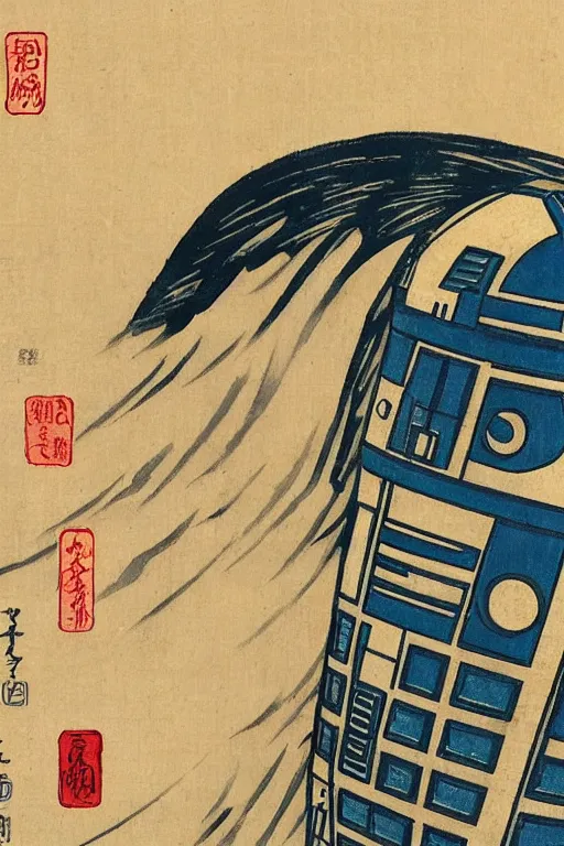 Image similar to Japanese woodblock print of r2d2, hokusai