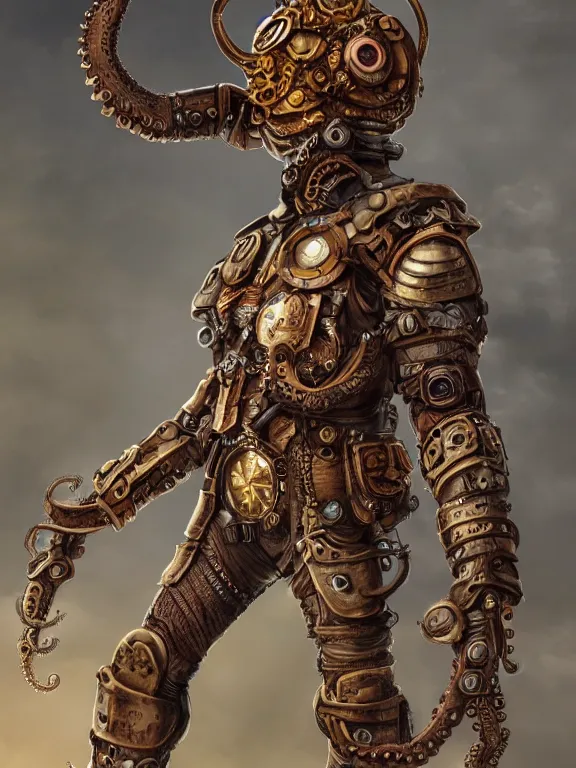 Prompt: full body portrait of single warrior with steampunk octopus armour, character design, digital painting, 4 k hd, octane render, intricate and highly detailed, coloured with lots of colour, cinematic,