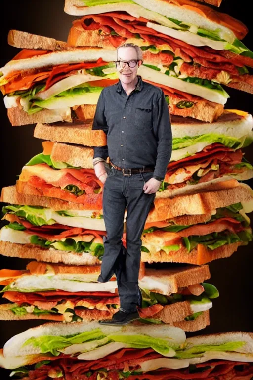 Image similar to 📷 portrait of adam savage the sandwich, made of food, still image, dynamic lighting, 4 k