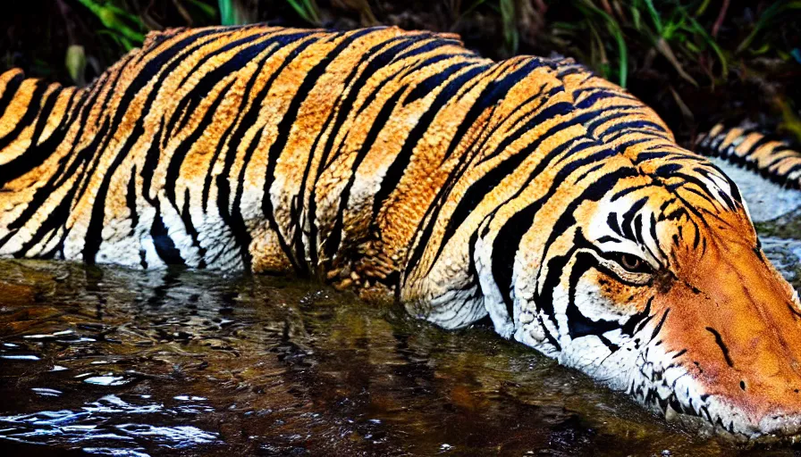 Image similar to an alligator tiger!!! hybrid! hyper realistic!! realistic lighting!! wildlife photographer of the year!!! bold natural colors, national geographic, hd, wide angle, 8 k