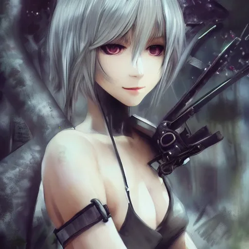 Image similar to beautiful portrait of 2B from nier automata, forest, junkyard, pretty, semi realistic anime, hyper detailed, 8k, DeviantArt, Instagram, Behance, Artstation, trending on artstation, Pixiv, Pixiv daily ranking, art of silverfox, Yee Chong Silverfox, Sydney Hanson, Mickael Lelièvre, Jaeyeon Nam, derevschikova, Elina Karimova