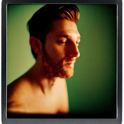 Image similar to soft polaroid photo of man that just woke up and lying in his bed, cinestill 800t, wide angle lens