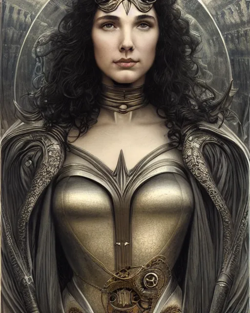 Image similar to matte painting portrait shot, beautiful gal gadot, steampunk, detailed and intricate by jean delville, gustave dore and marco mazzoni, art nouveau, symbolist, visionary, gothic, pre - raphaelite