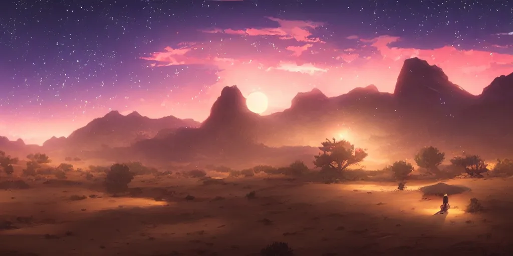 Image similar to a stunning desert landscape at night by makoto shinkai