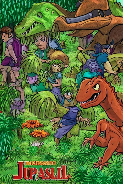 Prompt: the jurassic park movie poster in the style of the legend of zelda : oracle of seasons cover art