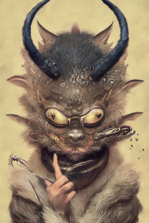 Image similar to a portrait of a cute japanese devil animal illustrated by miyazaki by karol bak, james jean, tom bagshaw, rococo, sharp focus, trending on artstation, cinematic lighting, hyper realism, octane render, 8 k, hyper detailed, vivid, ultra detailed, highly detailed