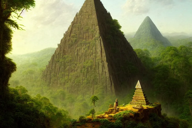 Prompt: a beautiful and highly detailed digital painting of a lone stone pyramid in the centre of a sprawling lush mountainous jungle, intricate details, epic scale, hyperdetailed, hyperrealism, artstation, cgsociety, 8 k, sharp focus, by caspar friedrich, albert bierstadt, james gurney,