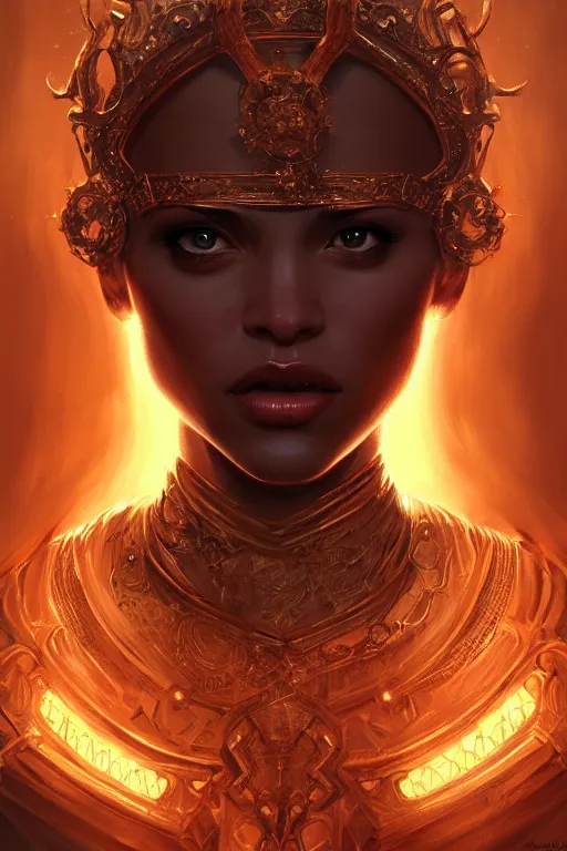 Image similar to highly detailed portrait of an elegant demon, ornate crown, beautiful symmetrical face, glowing skin, digital painting, artstation, concept art, smooth, clear focus, illustration, greg rutkowski, artgerm, global lighting, detailed and fantasy