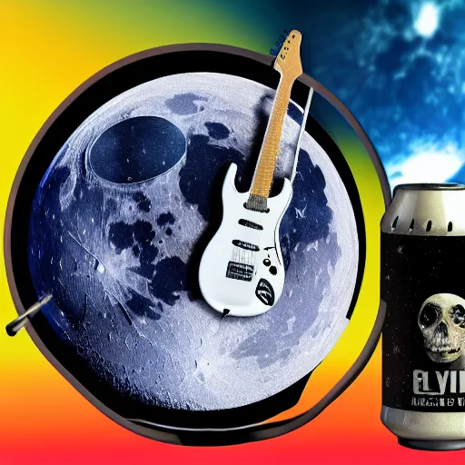 Image similar to a photo of a detailed, realistic, idle, regular sized electric guitar next to a beer can next to an astronaut sitting on the moon surface. detailed photo. realistic photo