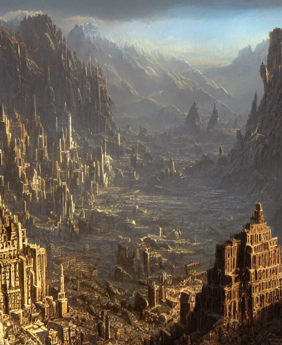 Image similar to a matte painting of a great city carved into the side of a mountain by ted nasmith