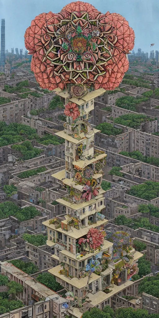 Prompt: colossal MC Escher flower in the middle of abandoned post soviet constructivist cityscape, Stalinist architecture, ultradetailed, Intricate by Hayao Miyazaki and Josan Gonzalez and Giuseppe Arcimboldo and Wes Anderson and H.R. Giger